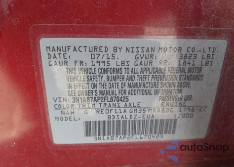 2015 Nissan Sentra Sv из США, поврежденный, VIN 3N1AB7AP2FL670425